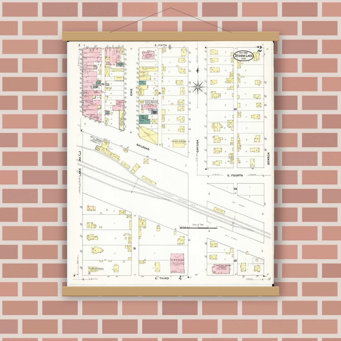 Old map wall art mockup — magnetic wood frame on brick wall — Sanborn Fire Insurance Map from Storm Lake, Buena Vista County, Iowa (1909), Sheet #0002