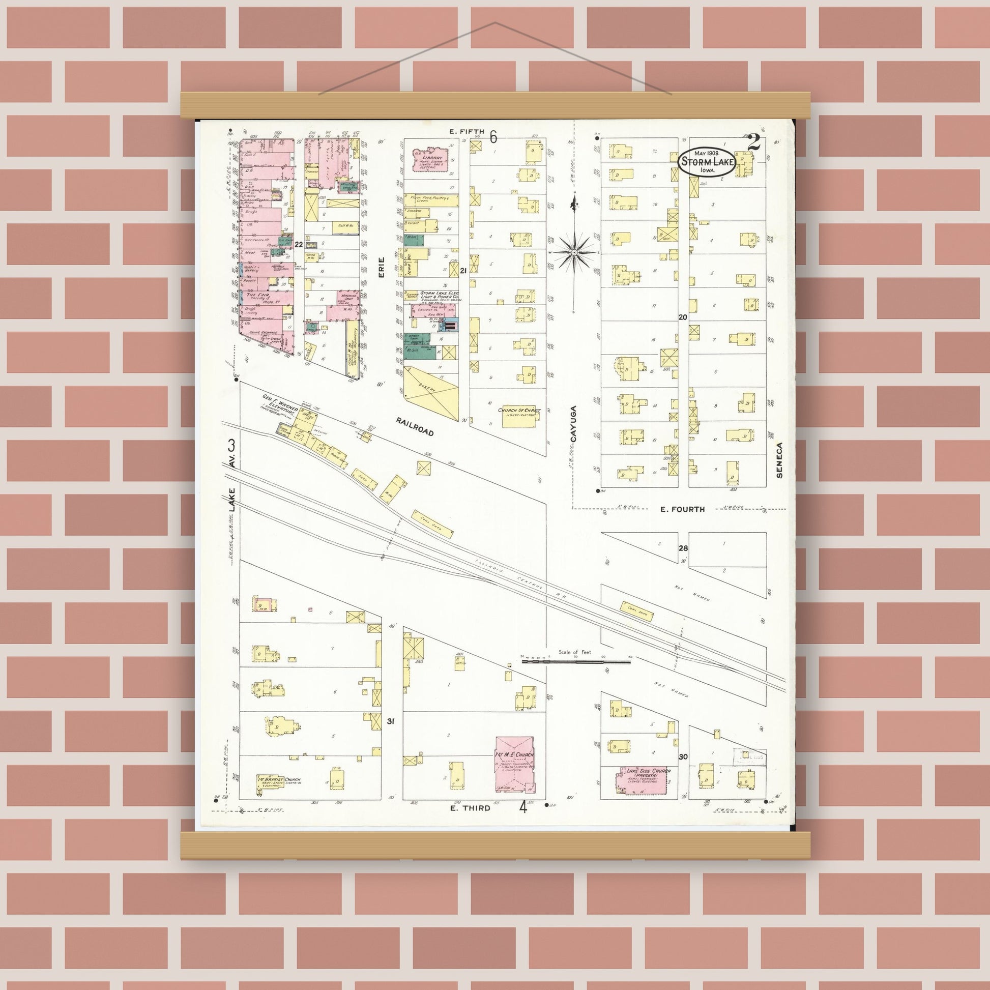 Old map wall art mockup — magnetic wood frame on brick wall — Sanborn Fire Insurance Map from Storm Lake, Buena Vista County, Iowa (1909), Sheet #0002