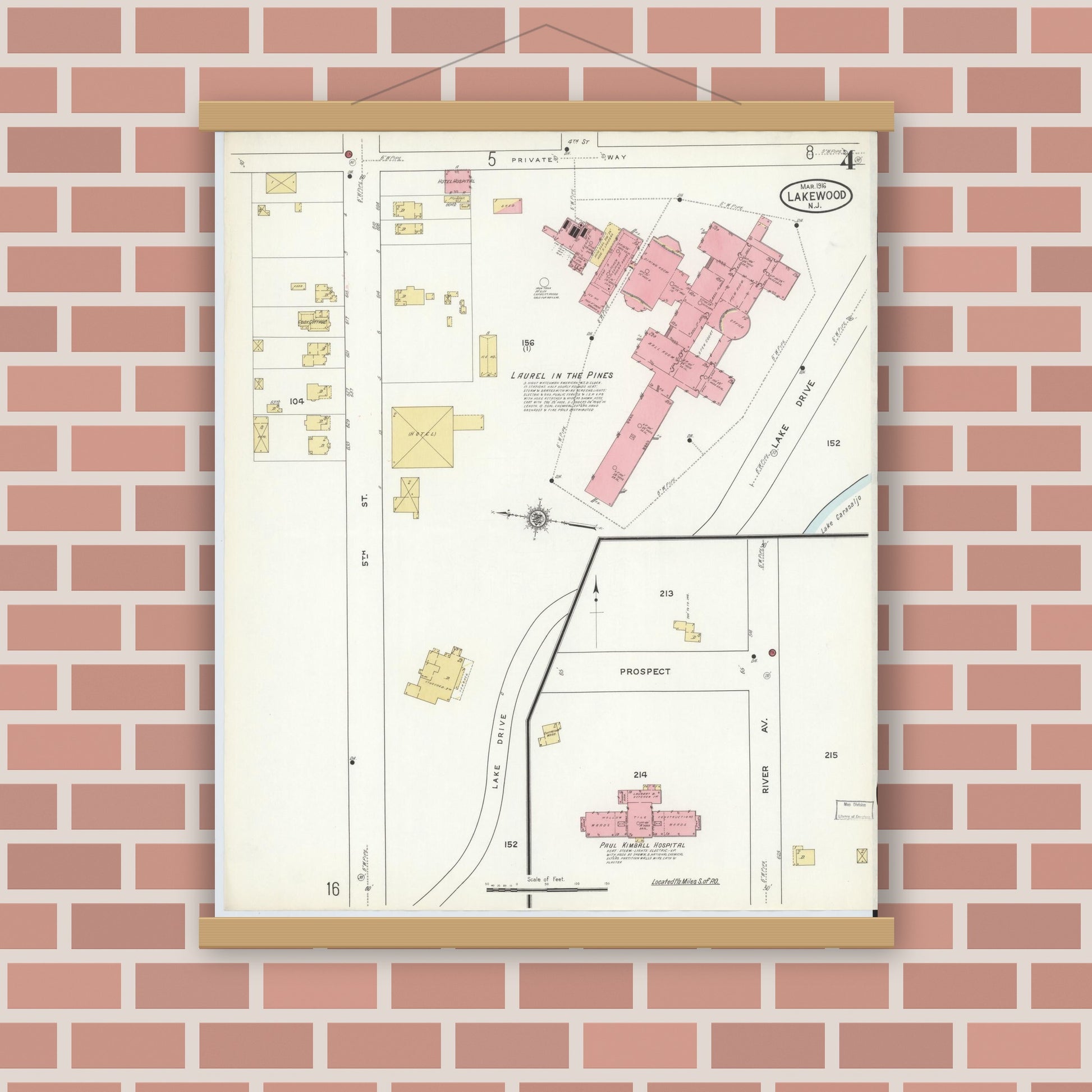 Old map wall art mockup — magnetic wood frame on brick wall — Sanborn Fire Insurance Map from Lakewood, Ocean County, New Jersey (1916), Sheet #0004