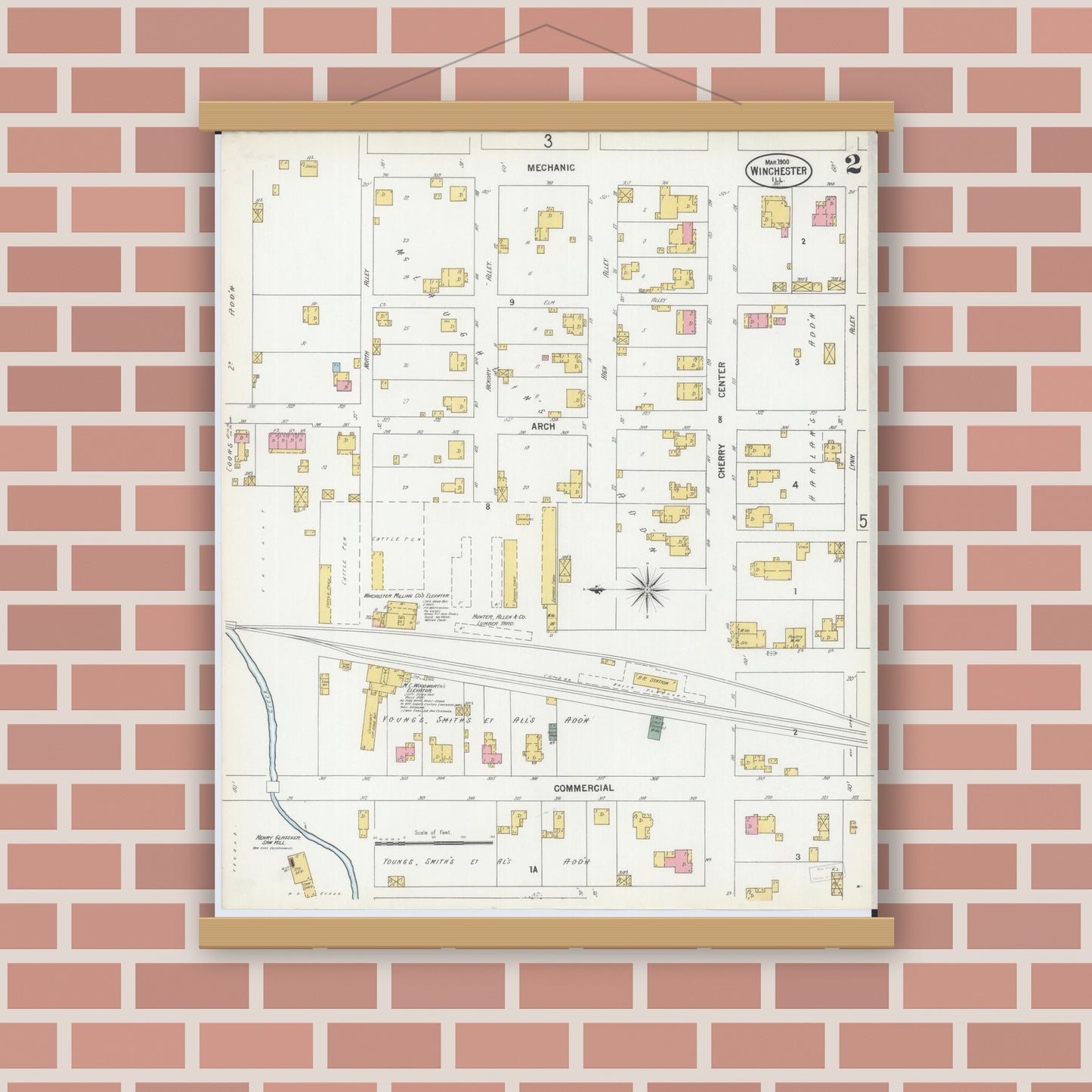 Old map wall art mockup — magnetic wood frame on brick wall — Sanborn Fire Insurance Map from Winchester, Scott County, Illinois (1900), Sheet #0002
