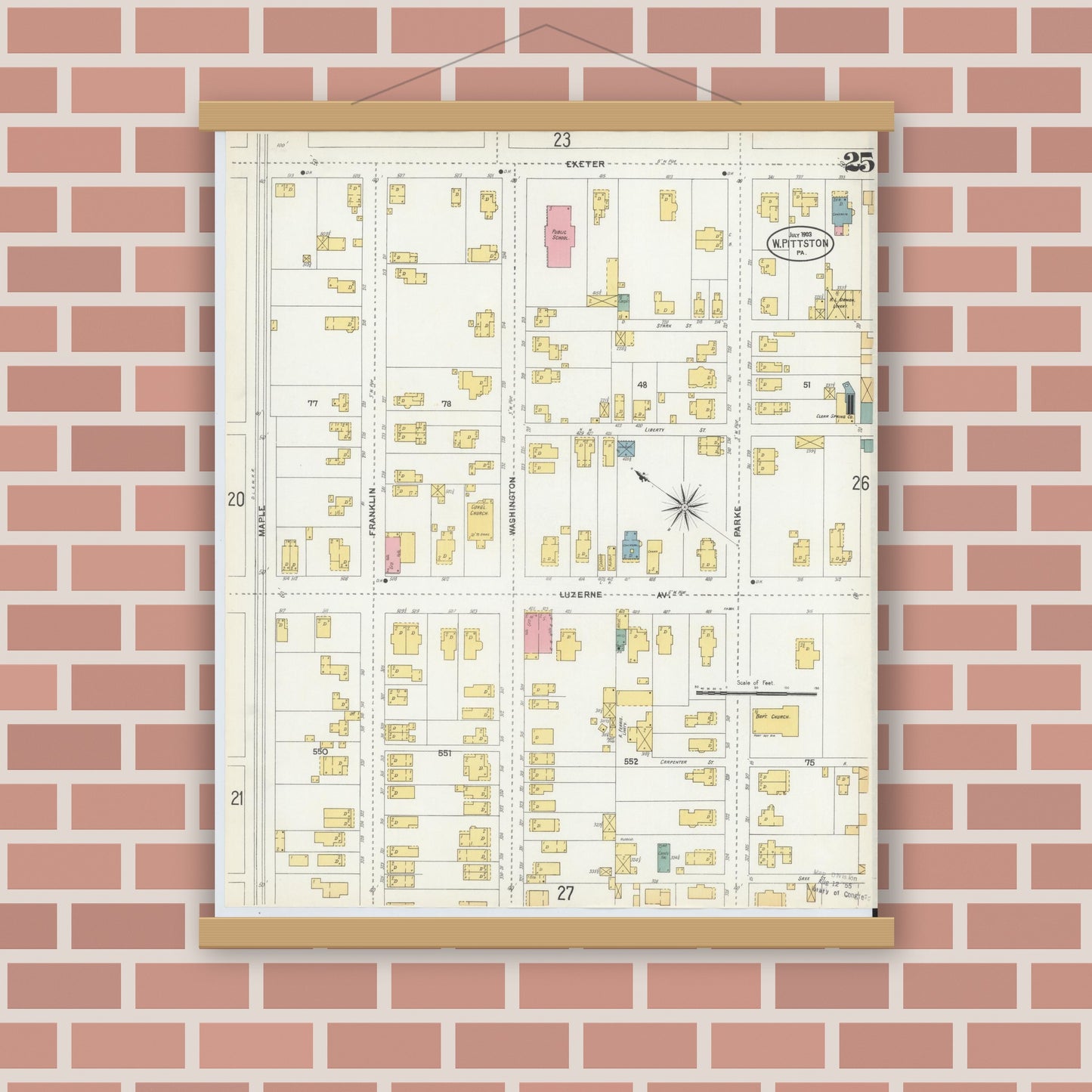 Old map wall art mockup — magnetic wood frame on brick wall — Sanborn Fire Insurance Map from Pittston, Luzerne County, Pennsylvania (1903), Sheet #0025