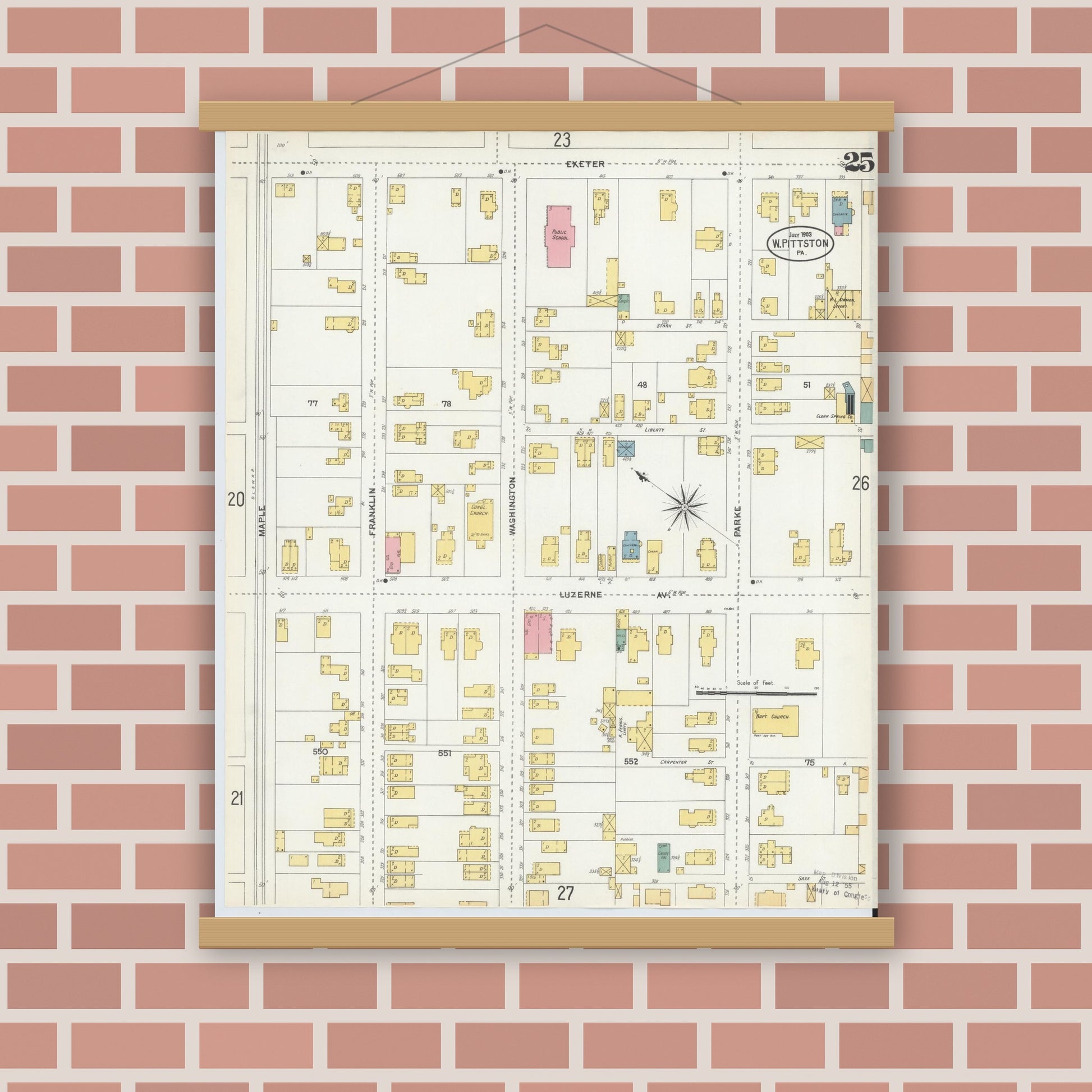 Old map wall art mockup — magnetic wood frame on brick wall — Sanborn Fire Insurance Map from Pittston, Luzerne County, Pennsylvania (1903), Sheet #0025