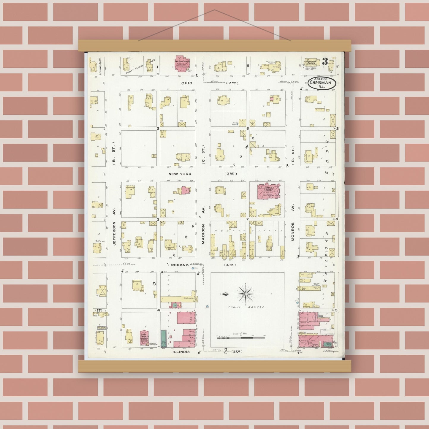 Old map wall art mockup — magnetic wood frame on brick wall — Sanborn Fire Insurance Map from Chrisman, Edgar County, Illinois (1908), Sheet #0003