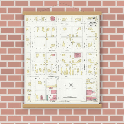 Old map wall art mockup — magnetic wood frame on brick wall — Sanborn Fire Insurance Map from Chrisman, Edgar County, Illinois (1908), Sheet #0003