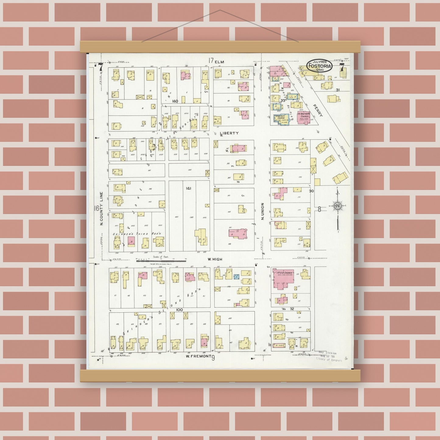 Old map wall art mockup — magnetic wood frame on brick wall — Sanborn Fire Insurance Map from Fostoria, Seneca, Hancock, And Wood Counties, Ohio (1924), Sheet #0007