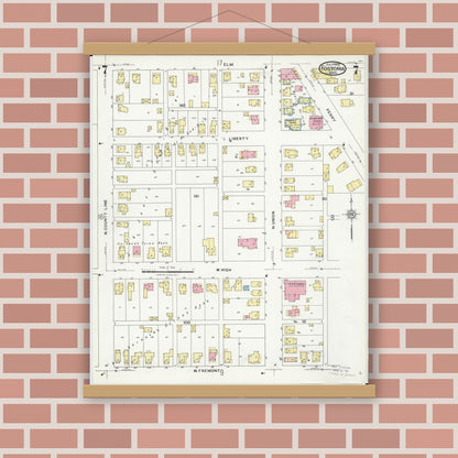 Old map wall art mockup — magnetic wood frame on brick wall — Sanborn Fire Insurance Map from Fostoria, Seneca, Hancock, And Wood Counties, Ohio (1924), Sheet #0007