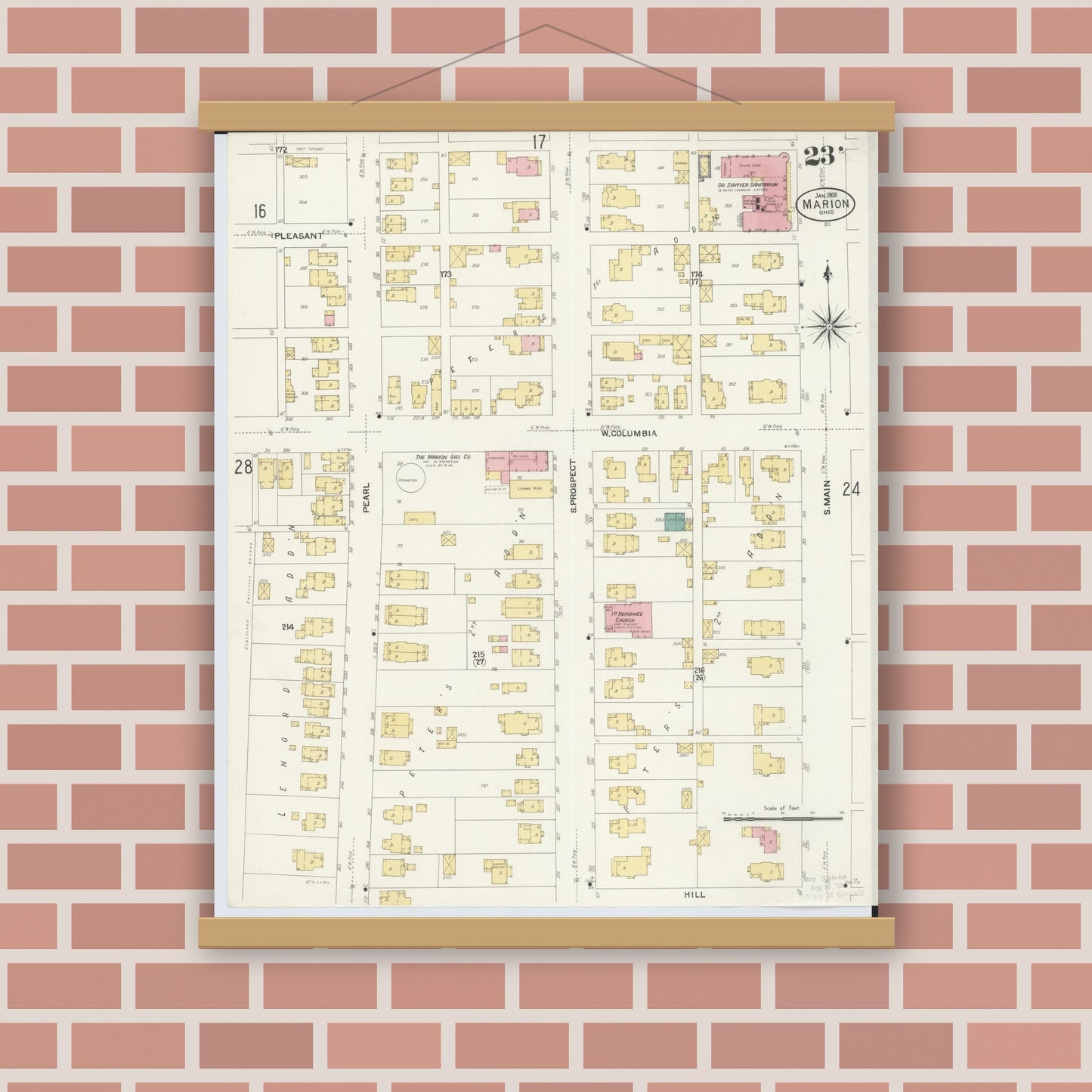 Old map wall art mockup — magnetic wood frame on brick wall — Sanborn Fire Insurance Map from Marion, Marion County, Ohio (1908), Sheet #0023