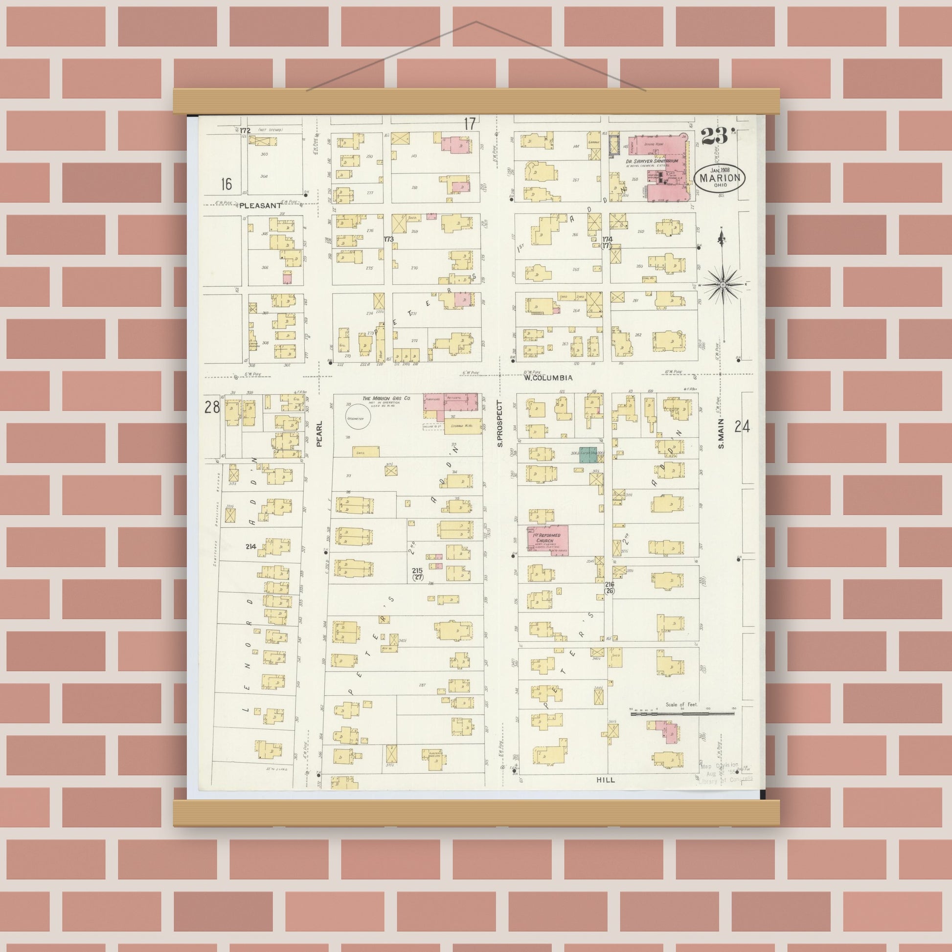 Old map wall art mockup — magnetic wood frame on brick wall — Sanborn Fire Insurance Map from Marion, Marion County, Ohio (1908), Sheet #0023