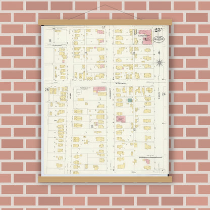 Old map wall art mockup — magnetic wood frame on brick wall — Sanborn Fire Insurance Map from Marion, Marion County, Ohio (1908), Sheet #0023