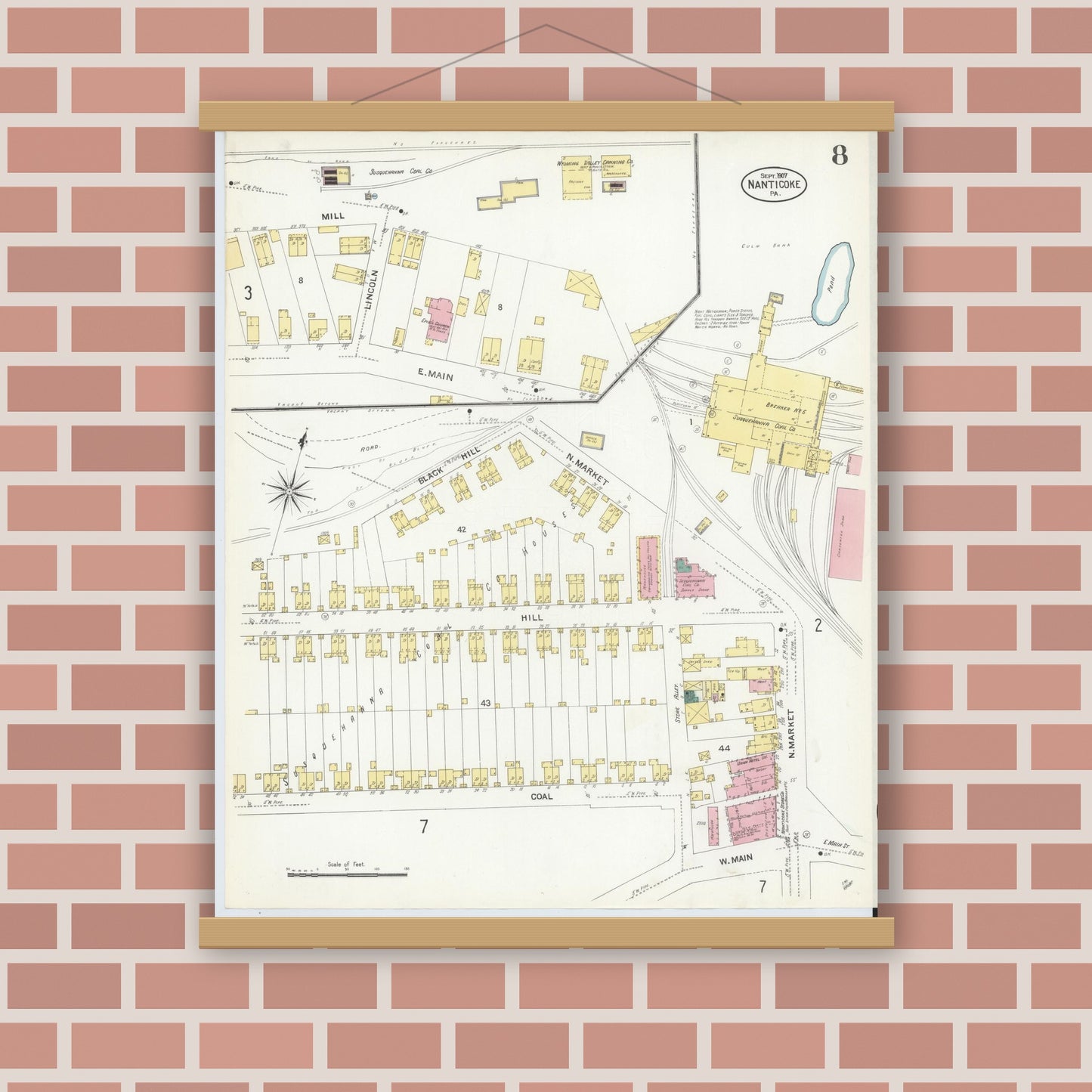 Old map wall art mockup — magnetic wood frame on brick wall — Sanborn Fire Insurance Map from Nanticoke, Luzerne County, Pennsylvania (1907), Sheet #0008