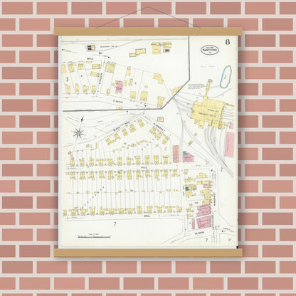 Old map wall art mockup — magnetic wood frame on brick wall — Sanborn Fire Insurance Map from Nanticoke, Luzerne County, Pennsylvania (1907), Sheet #0008