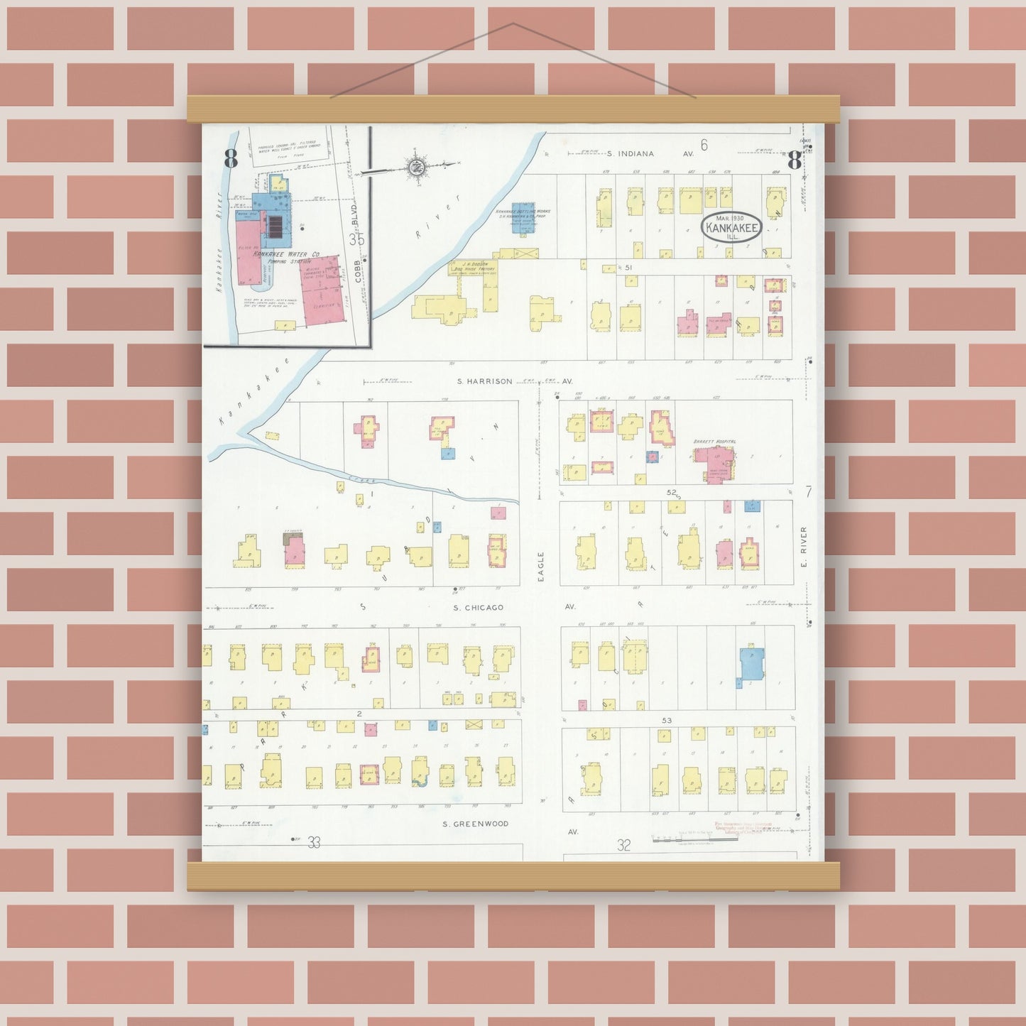 Old map wall art mockup — magnetic wood frame on brick wall — Sanborn Fire Insurance Map from Kankakee, Kankakee County, Illinois (1930), Sheet #0008