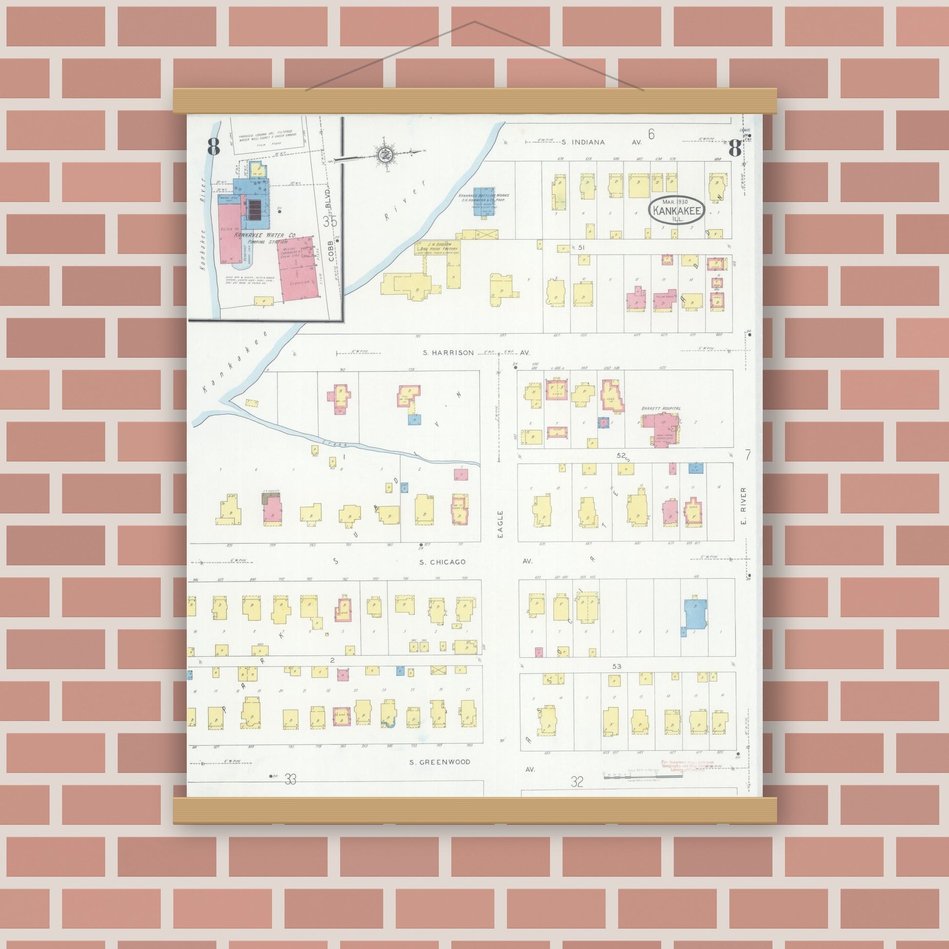Old map wall art mockup — magnetic wood frame on brick wall — Sanborn Fire Insurance Map from Kankakee, Kankakee County, Illinois (1930), Sheet #0008