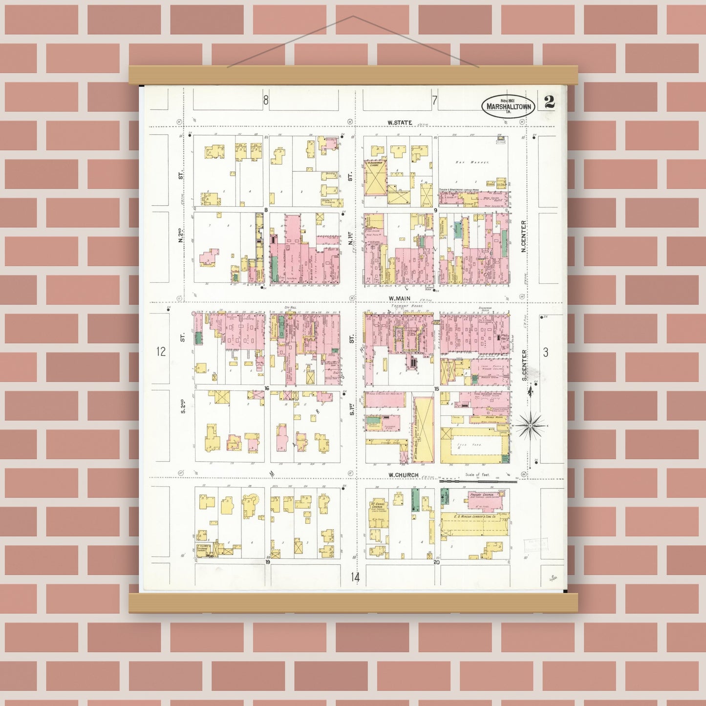 Old map wall art mockup — magnetic wood frame on brick wall — Sanborn Fire Insurance Map from Marshalltown, Marshall County, Iowa (1901), Sheet #0002