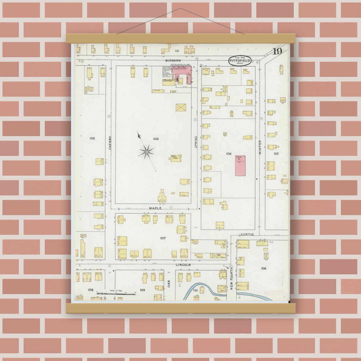 Old map wall art mockup — magnetic wood frame on brick wall — Sanborn Fire Insurance Map from Pittsfield, Berkshire County, Massachusetts (1895), Sheet #0019