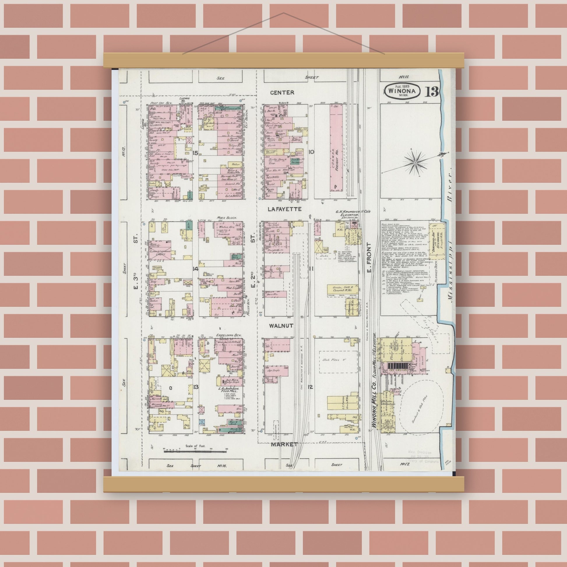 Old map wall art mockup — magnetic wood frame on brick wall — Sanborn Fire Insurance Map from Winona, Winona County, Minnesota (1889), Sheet #0013