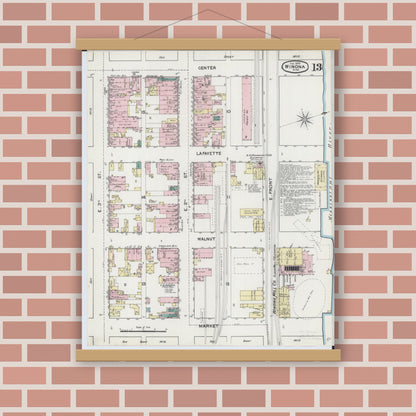 Old map wall art mockup — magnetic wood frame on brick wall — Sanborn Fire Insurance Map from Winona, Winona County, Minnesota (1889), Sheet #0013
