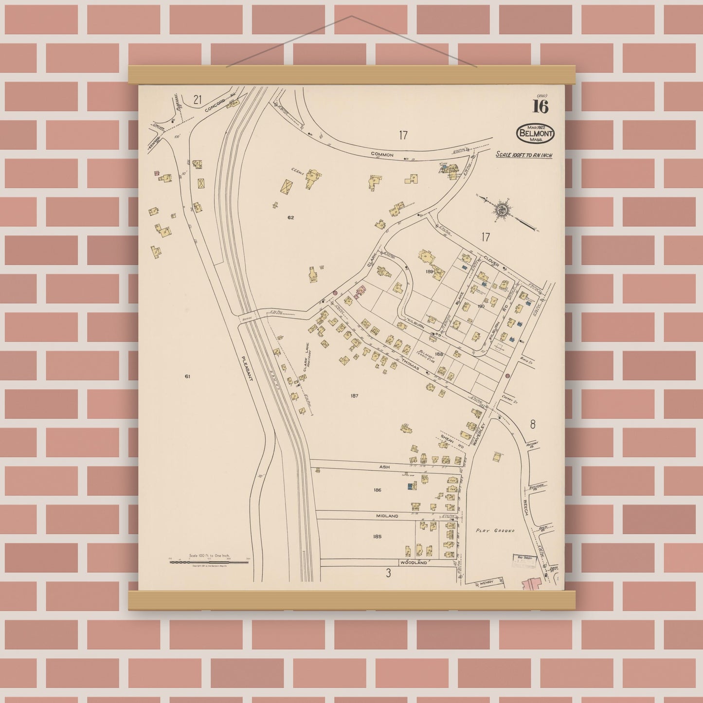 Old map wall art mockup — magnetic wood frame on brick wall — Sanborn Fire Insurance Map from Belmont, Middlesex County, Massachusetts (1922), Sheet #0016