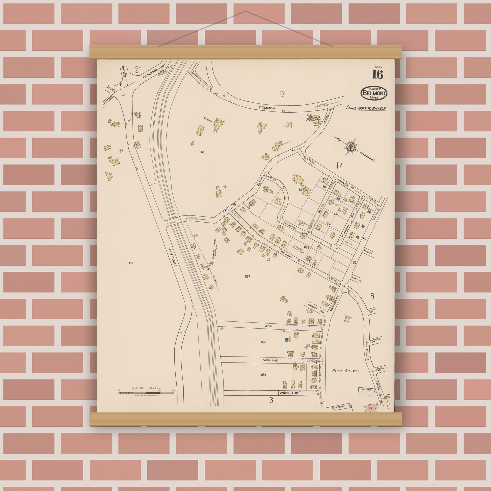 Old map wall art mockup — magnetic wood frame on brick wall — Sanborn Fire Insurance Map from Belmont, Middlesex County, Massachusetts (1922), Sheet #0016