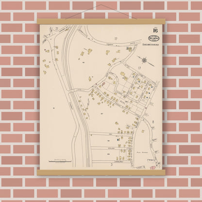 Old map wall art mockup — magnetic wood frame on brick wall — Sanborn Fire Insurance Map from Belmont, Middlesex County, Massachusetts (1922), Sheet #0016