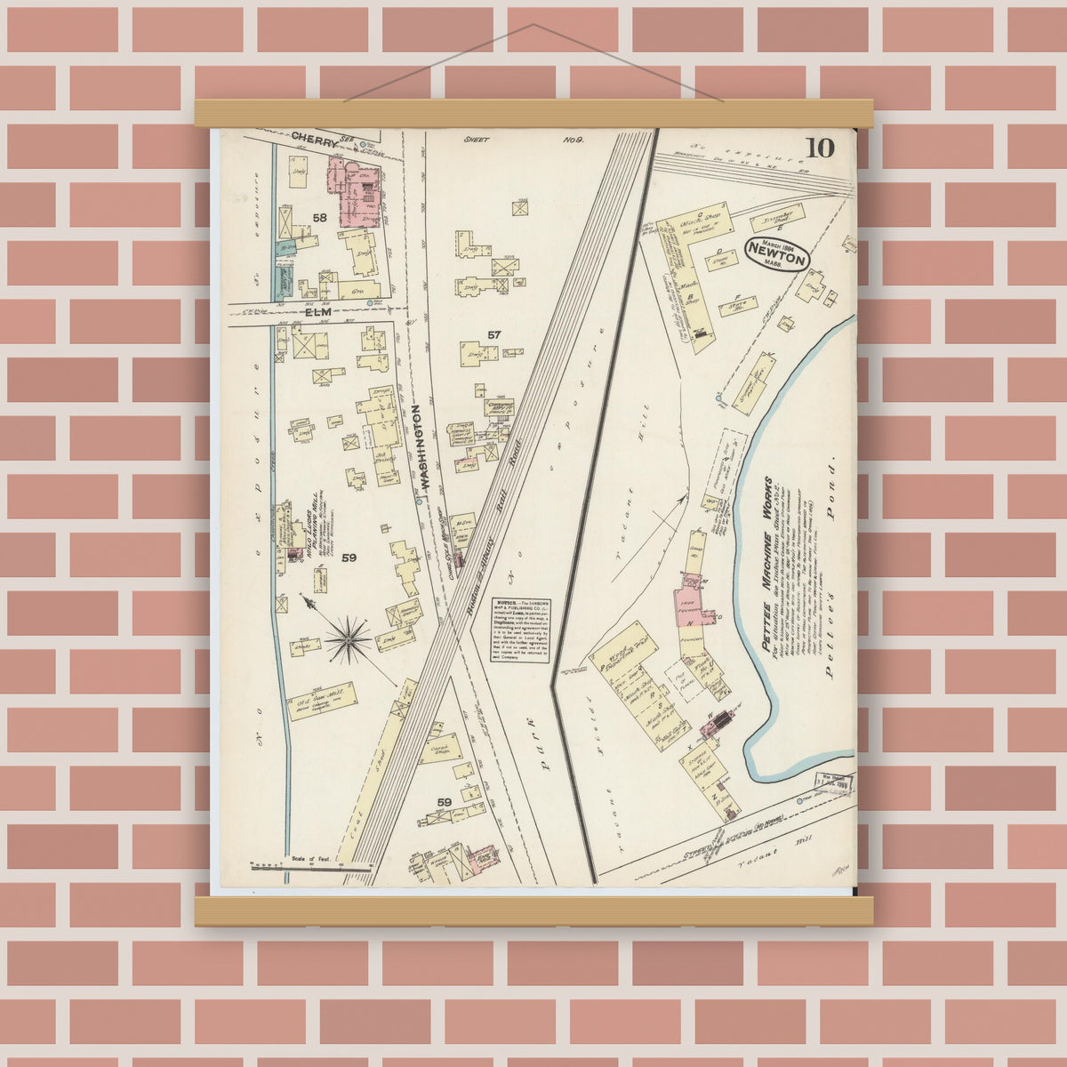 Old map wall art mockup — magnetic wood frame on brick wall — Sanborn Fire Insurance Map from Newton, Middlesex County, Massachusetts (1884), Sheet #0010