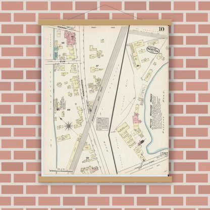 Old map wall art mockup — magnetic wood frame on brick wall — Sanborn Fire Insurance Map from Newton, Middlesex County, Massachusetts (1884), Sheet #0010