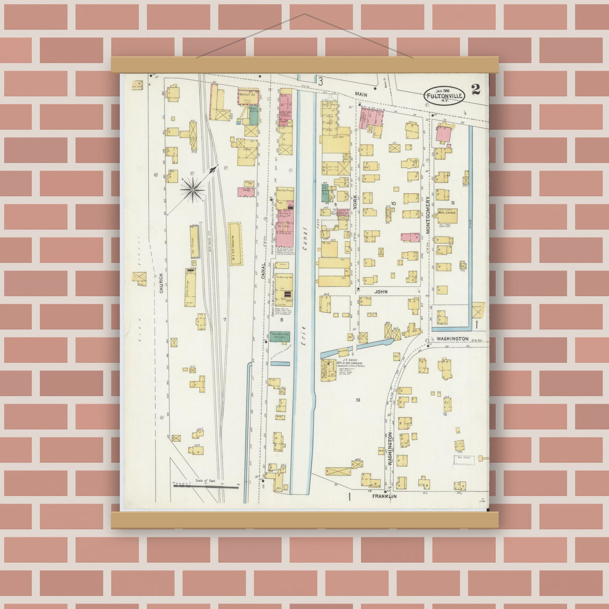 Old map wall art mockup — magnetic wood frame on brick wall — Sanborn Fire Insurance Map from Fultonville, Montgomery County, New York (1906), Sheet #0002