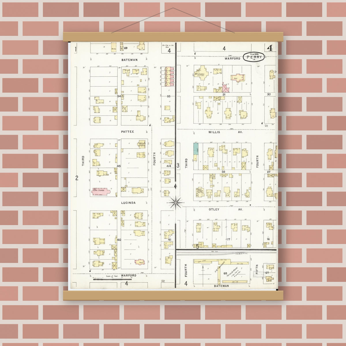 Old map wall art mockup — magnetic wood frame on brick wall — Sanborn Fire Insurance Map from Perry, Dallas County, Iowa (1896), Sheet #0004