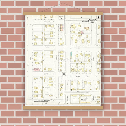 Old map wall art mockup — magnetic wood frame on brick wall — Sanborn Fire Insurance Map from Perry, Dallas County, Iowa (1896), Sheet #0004