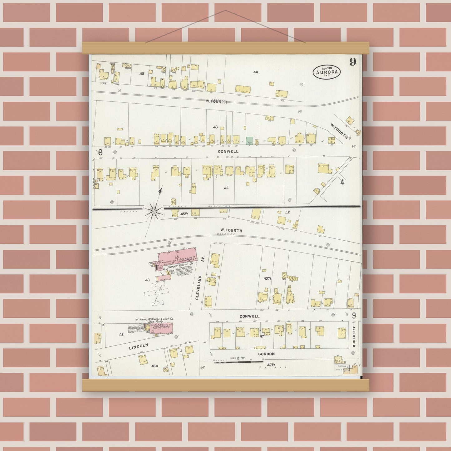 Old map wall art mockup — magnetic wood frame on brick wall — Sanborn Fire Insurance Map from Aurora, Dearborn County, Indiana (1897), Sheet #0009