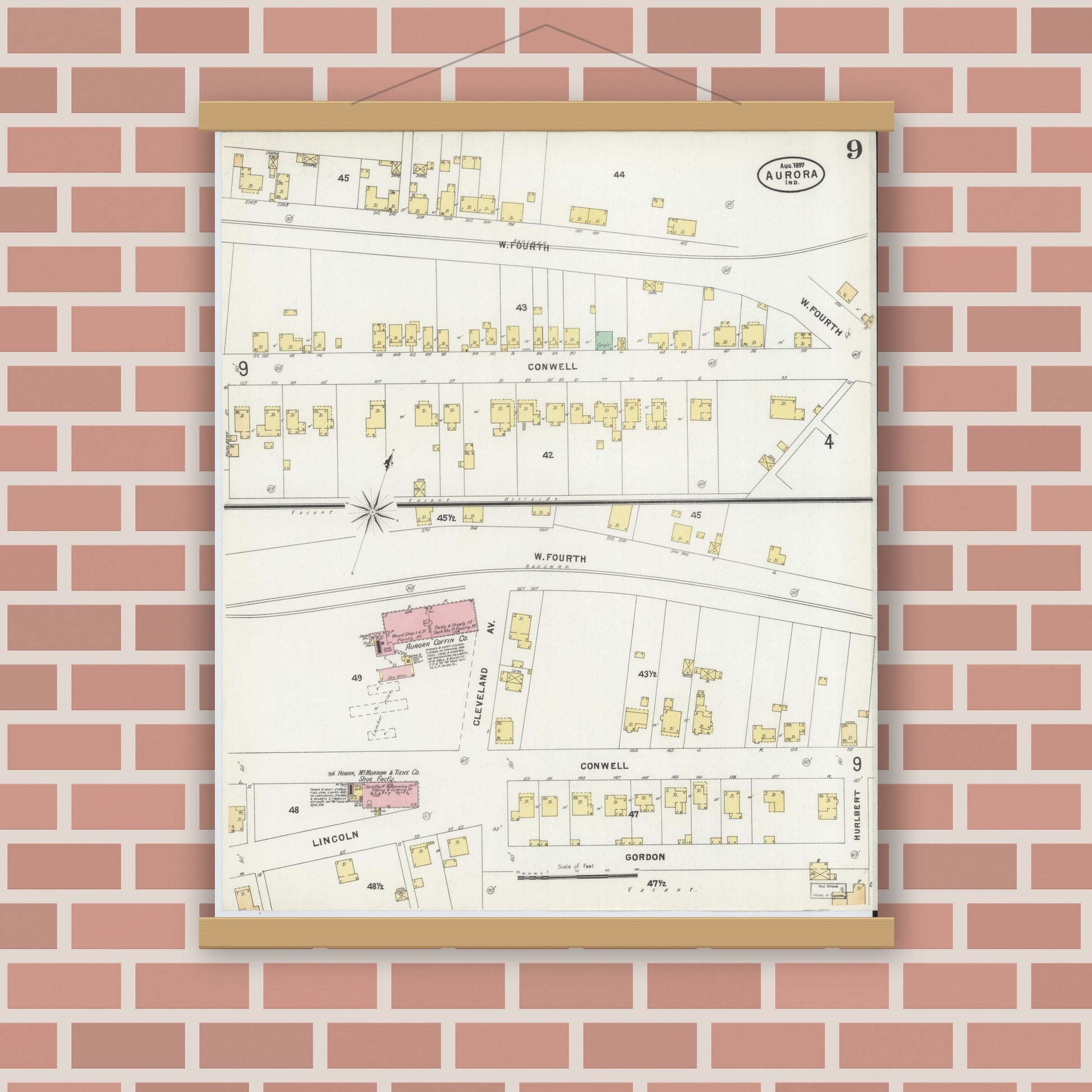 Old map wall art mockup — magnetic wood frame on brick wall — Sanborn Fire Insurance Map from Aurora, Dearborn County, Indiana (1897), Sheet #0009