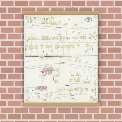 Old map wall art mockup — magnetic wood frame on brick wall — Sanborn Fire Insurance Map from Aurora, Dearborn County, Indiana (1897), Sheet #0009