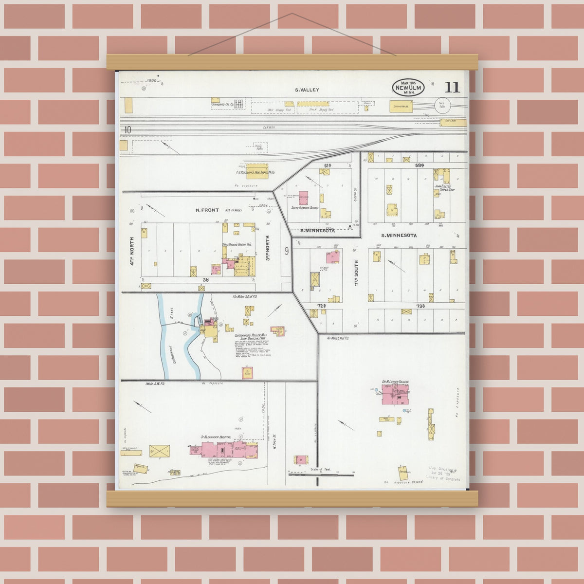 Old map wall art mockup — magnetic wood frame on brick wall — Sanborn Fire Insurance Map from New Ulm, Brown County, Minnesota (1905), Sheet #0011
