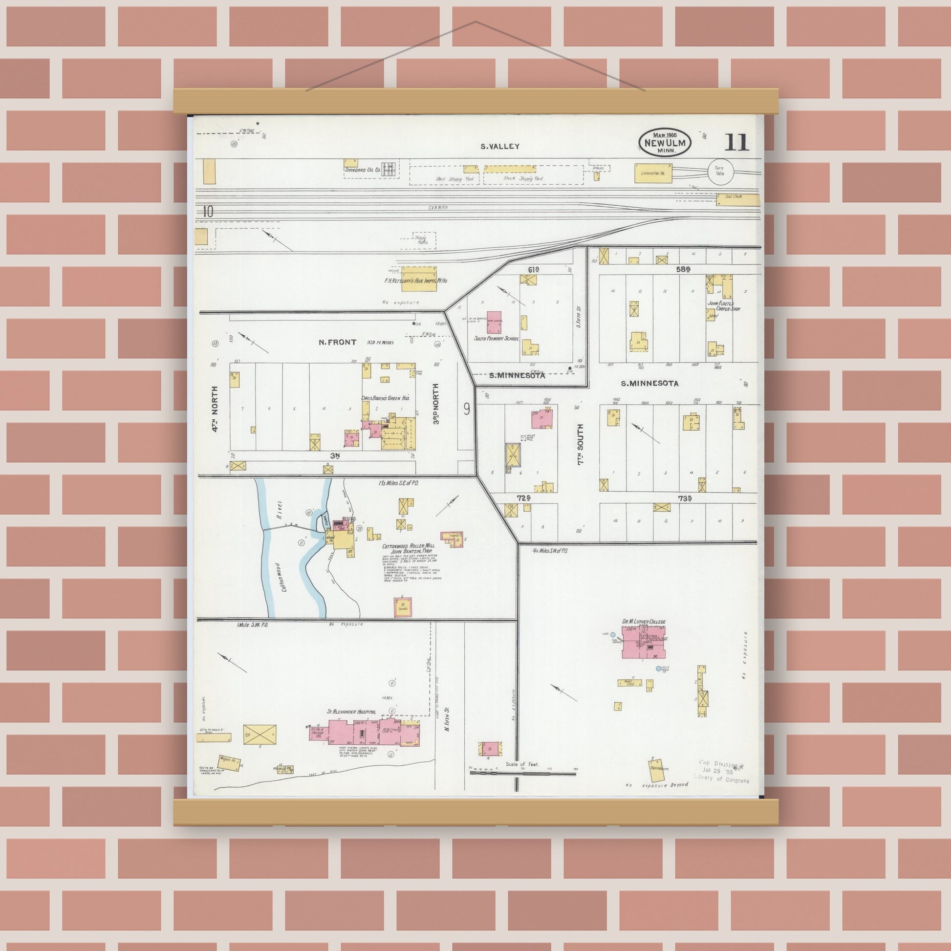 Old map wall art mockup — magnetic wood frame on brick wall — Sanborn Fire Insurance Map from New Ulm, Brown County, Minnesota (1905), Sheet #0011