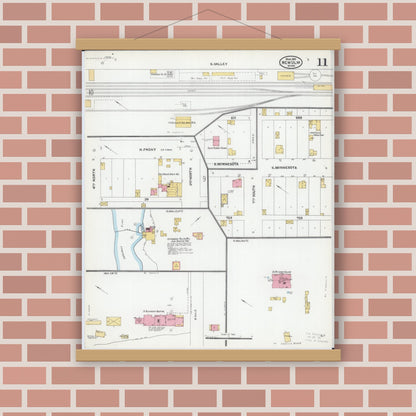 Old map wall art mockup — magnetic wood frame on brick wall — Sanborn Fire Insurance Map from New Ulm, Brown County, Minnesota (1905), Sheet #0011