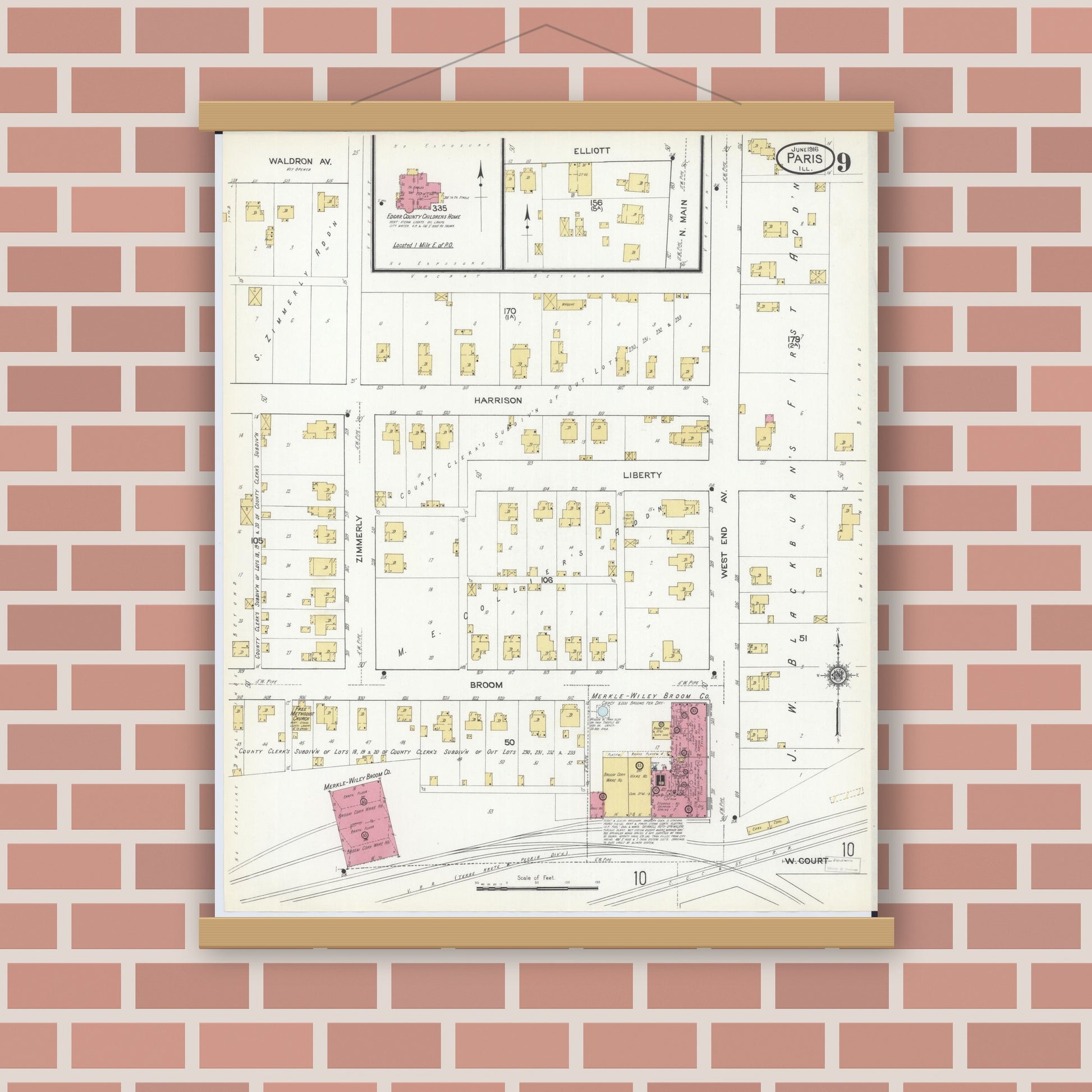 Old map wall art mockup — magnetic wood frame on brick wall — Sanborn Fire Insurance Map from Paris, Edgar County, Illinois (1916), Sheet #0009