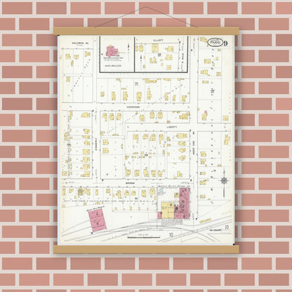 Old map wall art mockup — magnetic wood frame on brick wall — Sanborn Fire Insurance Map from Paris, Edgar County, Illinois (1916), Sheet #0009