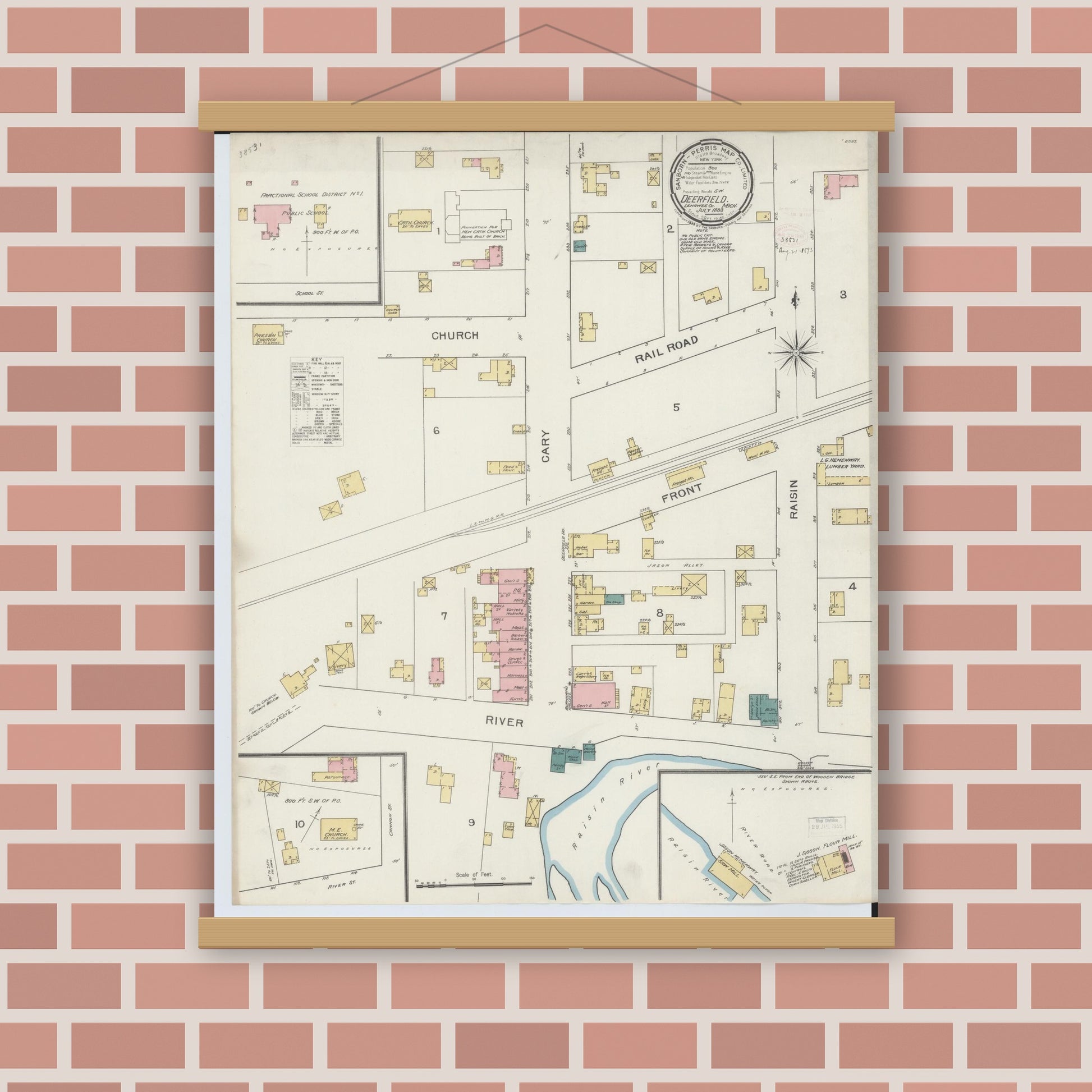 Old map wall art mockup — magnetic wood frame on brick wall — Sanborn Fire Insurance Map from Deerfield, Lenawee County, Michigan (1893), Sheet #0001