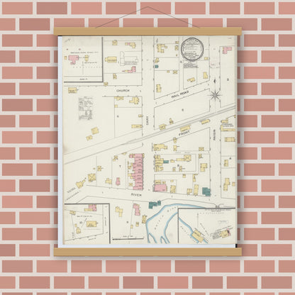 Old map wall art mockup — magnetic wood frame on brick wall — Sanborn Fire Insurance Map from Deerfield, Lenawee County, Michigan (1893), Sheet #0001