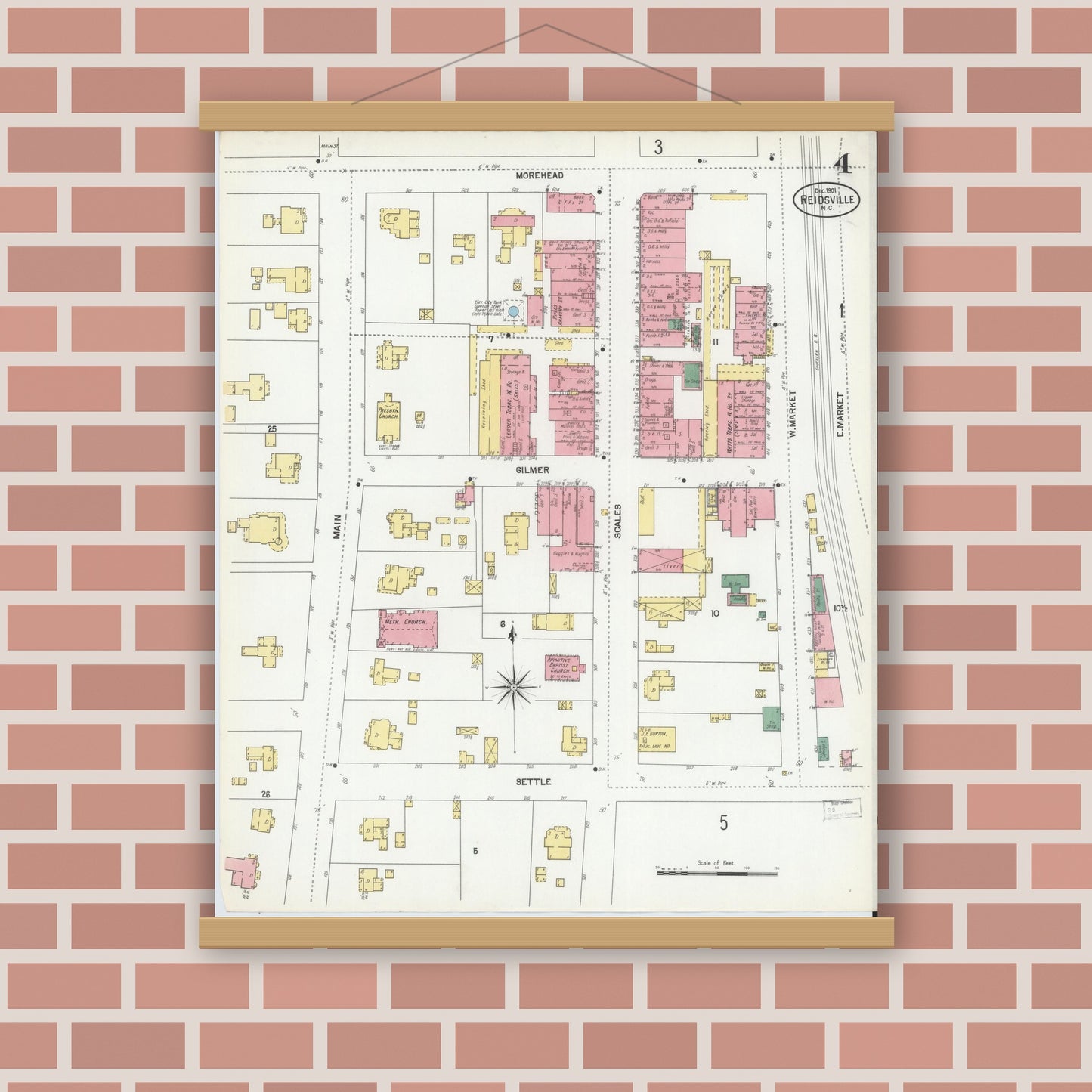 Old map wall art mockup — magnetic wood frame on brick wall — Sanborn Fire Insurance Map from Reidsville, Rockingham County, North Carolina (1901), Sheet #0004
