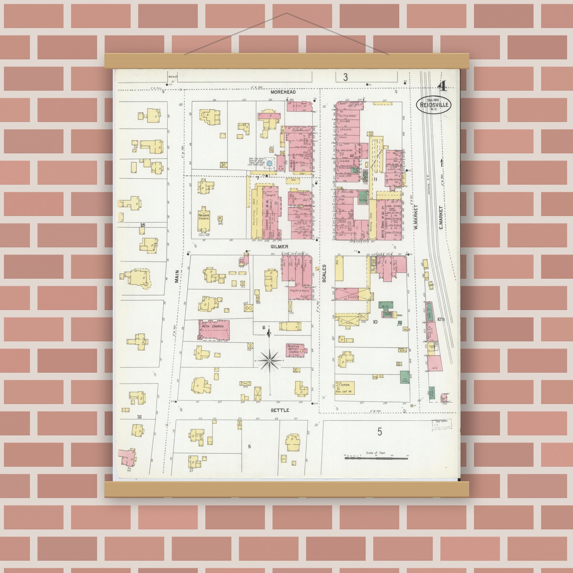 Old map wall art mockup — magnetic wood frame on brick wall — Sanborn Fire Insurance Map from Reidsville, Rockingham County, North Carolina (1901), Sheet #0004