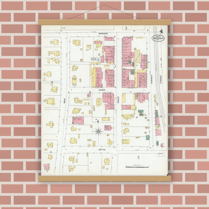 Old map wall art mockup — magnetic wood frame on brick wall — Sanborn Fire Insurance Map from Reidsville, Rockingham County, North Carolina (1901), Sheet #0004