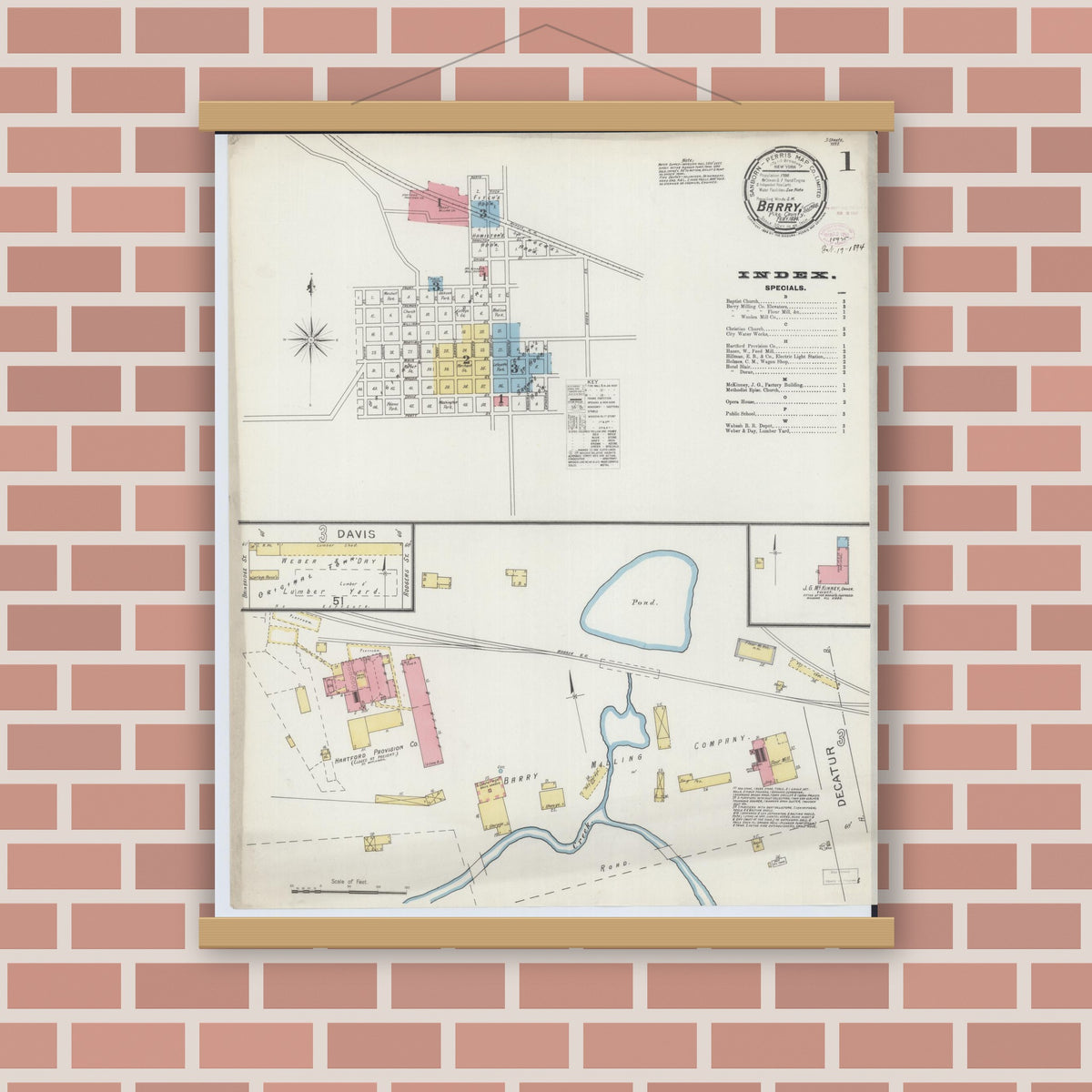 Old map wall art mockup — magnetic wood frame on brick wall — Sanborn Fire Insurance Map from Barry, Pike County, Illinois (1894), Sheet #0001