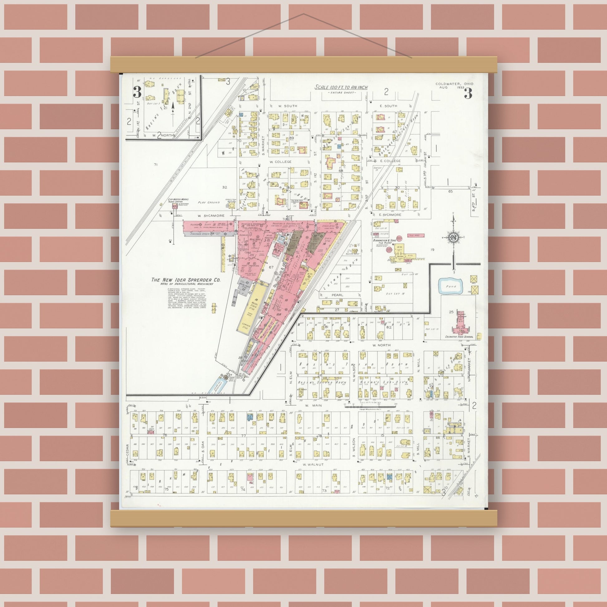 Old map wall art mockup — magnetic wood frame on brick wall — Sanborn Fire Insurance Map from Cold Water, Mercer County, Ohio (1933), Sheet #0003