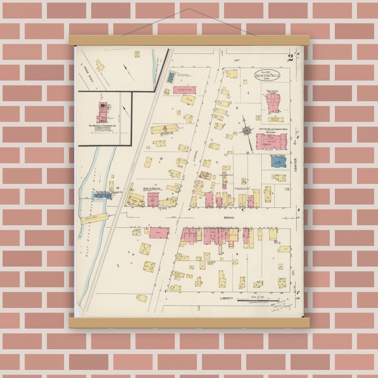 Old map wall art mockup — magnetic wood frame on brick wall — Sanborn Fire Insurance Map from Newton Falls, Trumbull County, Ohio (1922), Sheet #0002