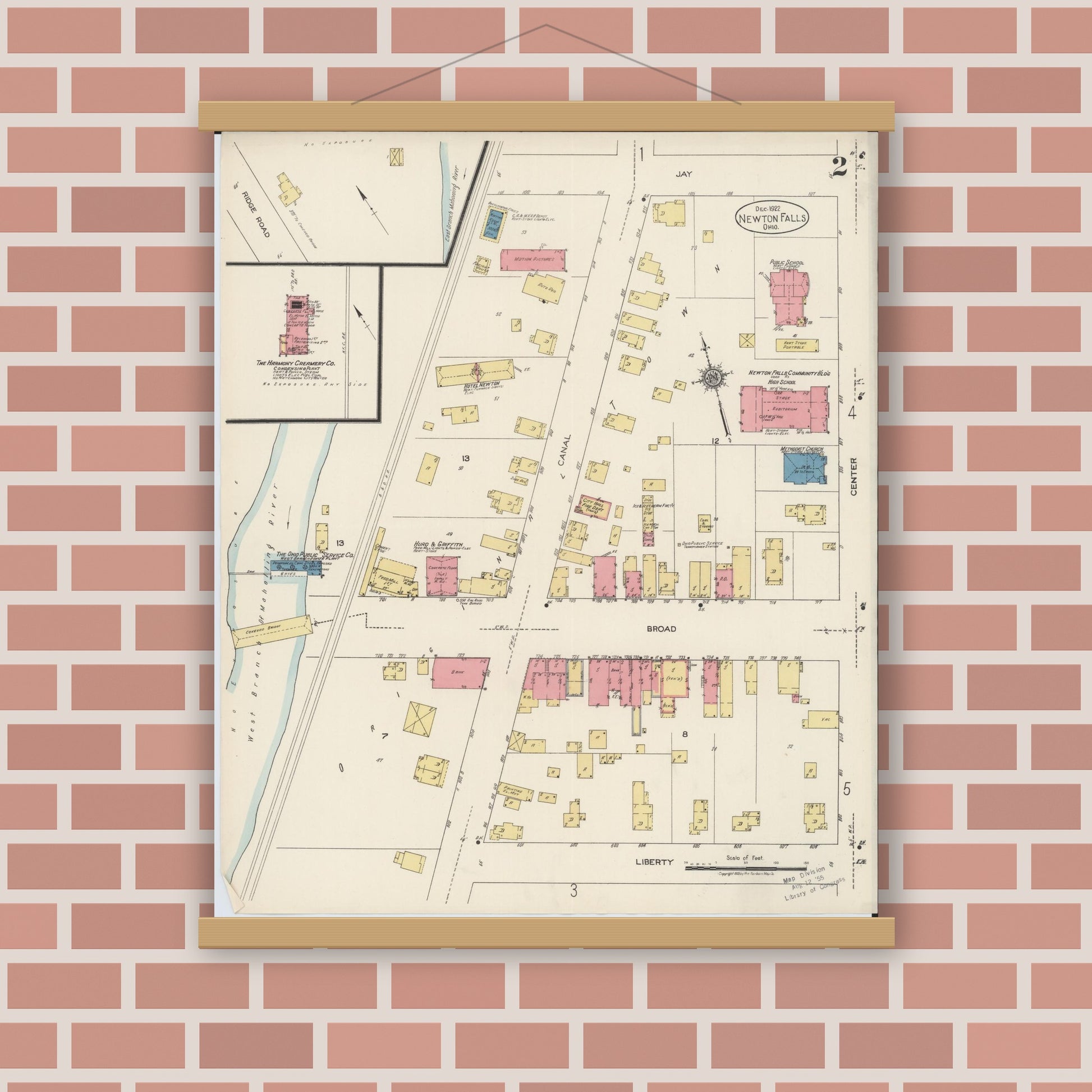 Old map wall art mockup — magnetic wood frame on brick wall — Sanborn Fire Insurance Map from Newton Falls, Trumbull County, Ohio (1922), Sheet #0002