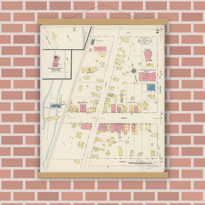 Old map wall art mockup — magnetic wood frame on brick wall — Sanborn Fire Insurance Map from Newton Falls, Trumbull County, Ohio (1922), Sheet #0002