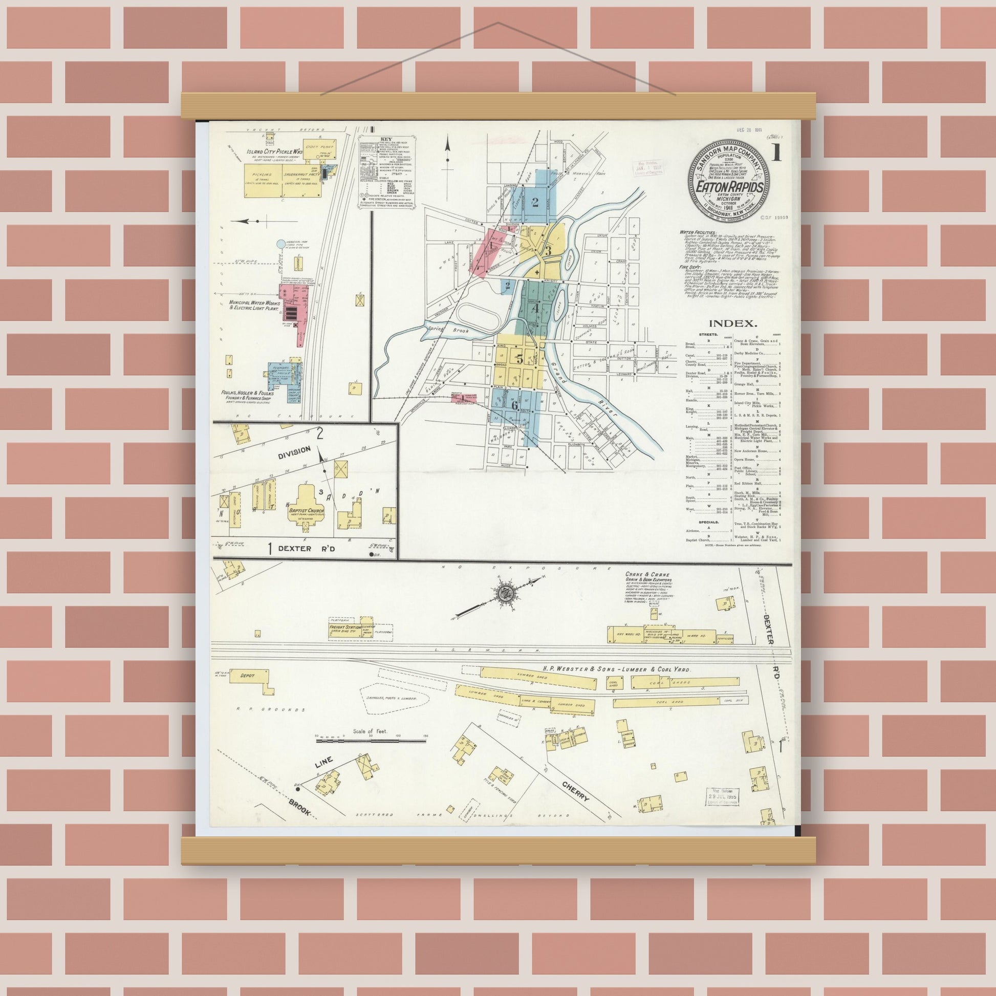 Old map wall art mockup — magnetic wood frame on brick wall — Sanborn Fire Insurance Map from Eaton Rapids, Eaton County, Michigan (1911) - Complete Map Set