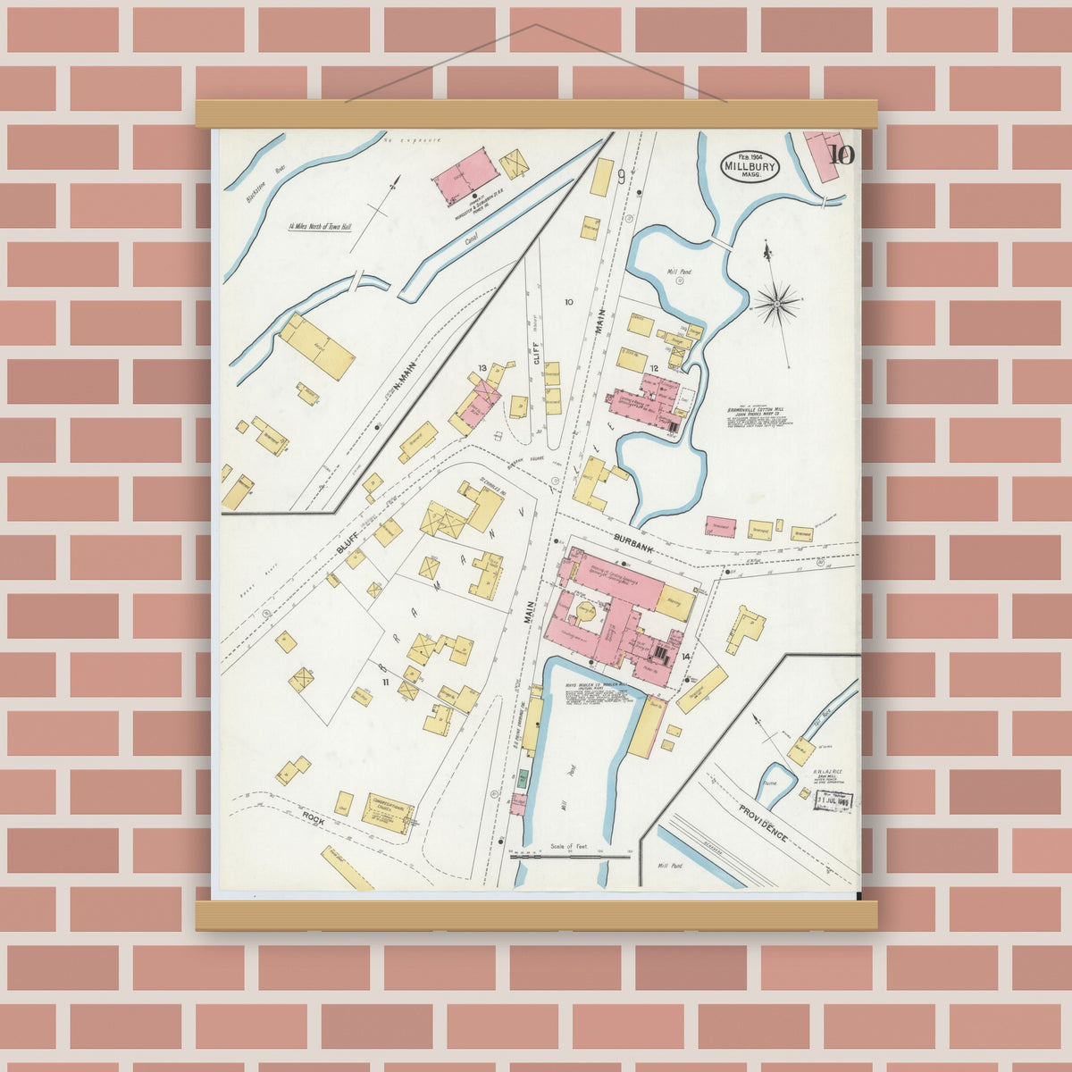 Old map wall art mockup — magnetic wood frame on brick wall — Sanborn Fire Insurance Map from Millbury, Worcester County, Massachusetts (1904), Sheet #0010