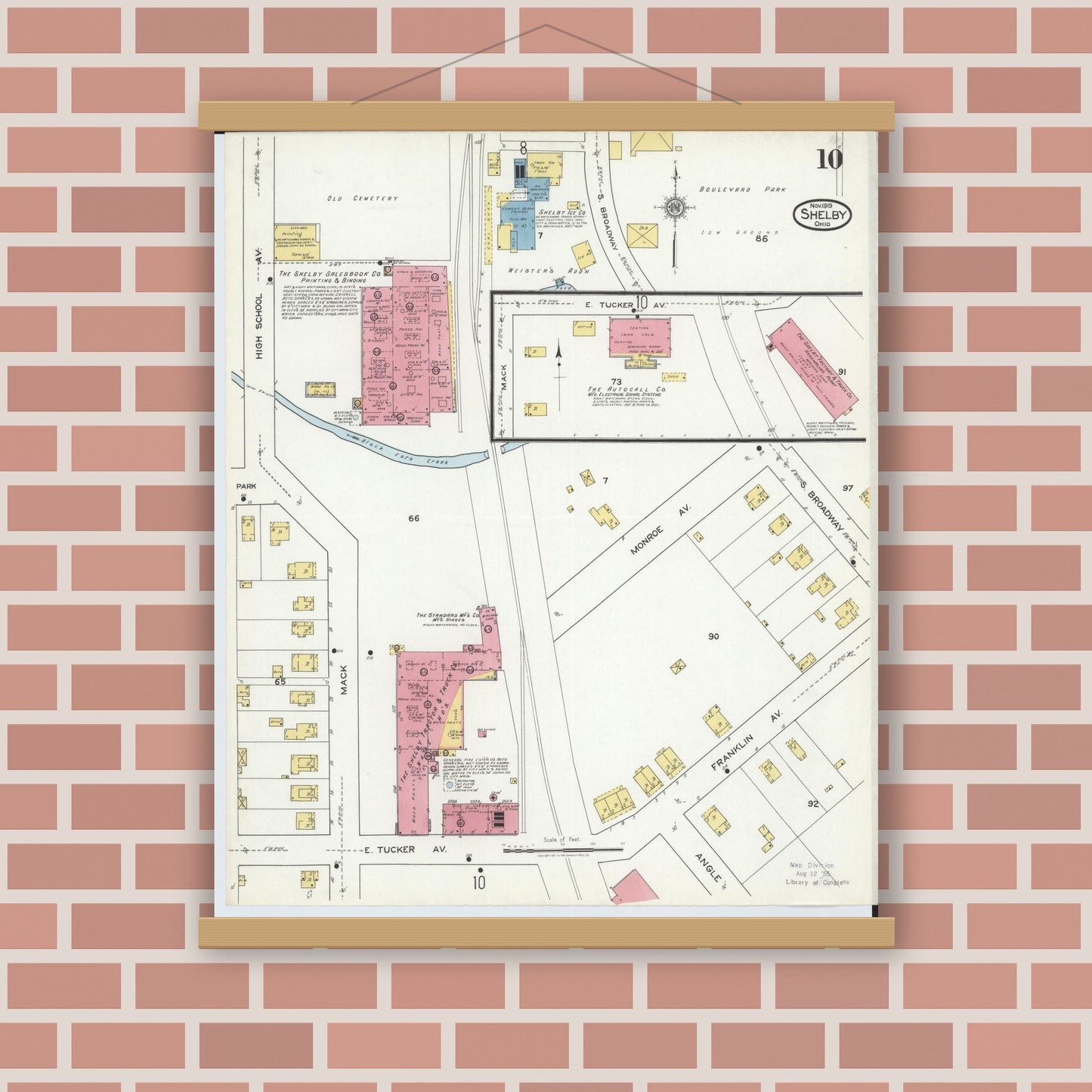 Old map wall art mockup — magnetic wood frame on brick wall — Sanborn Fire Insurance Map from Shelby, Richland County, Ohio (1919), Sheet #0010